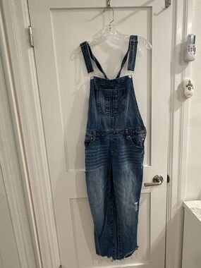 Kensie Jeans blue denim distressed overalls  (missing a side button)